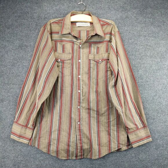 Bit & Bridle Mens Western Shirt Long Sleeve Pearl Snaps Striped SZ XL Brown Red - Picture 2 of 12